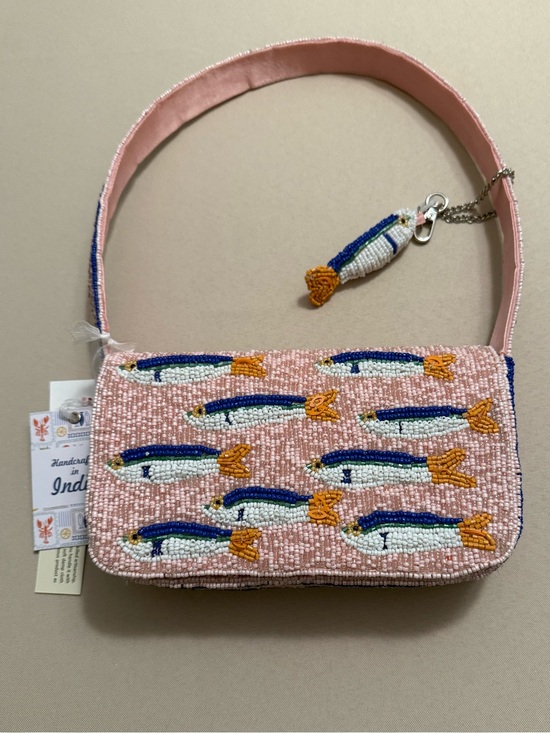 Handcrafted in India Handbags - India Beaded Bag Pink Sardines with Sardine Bag Charm
